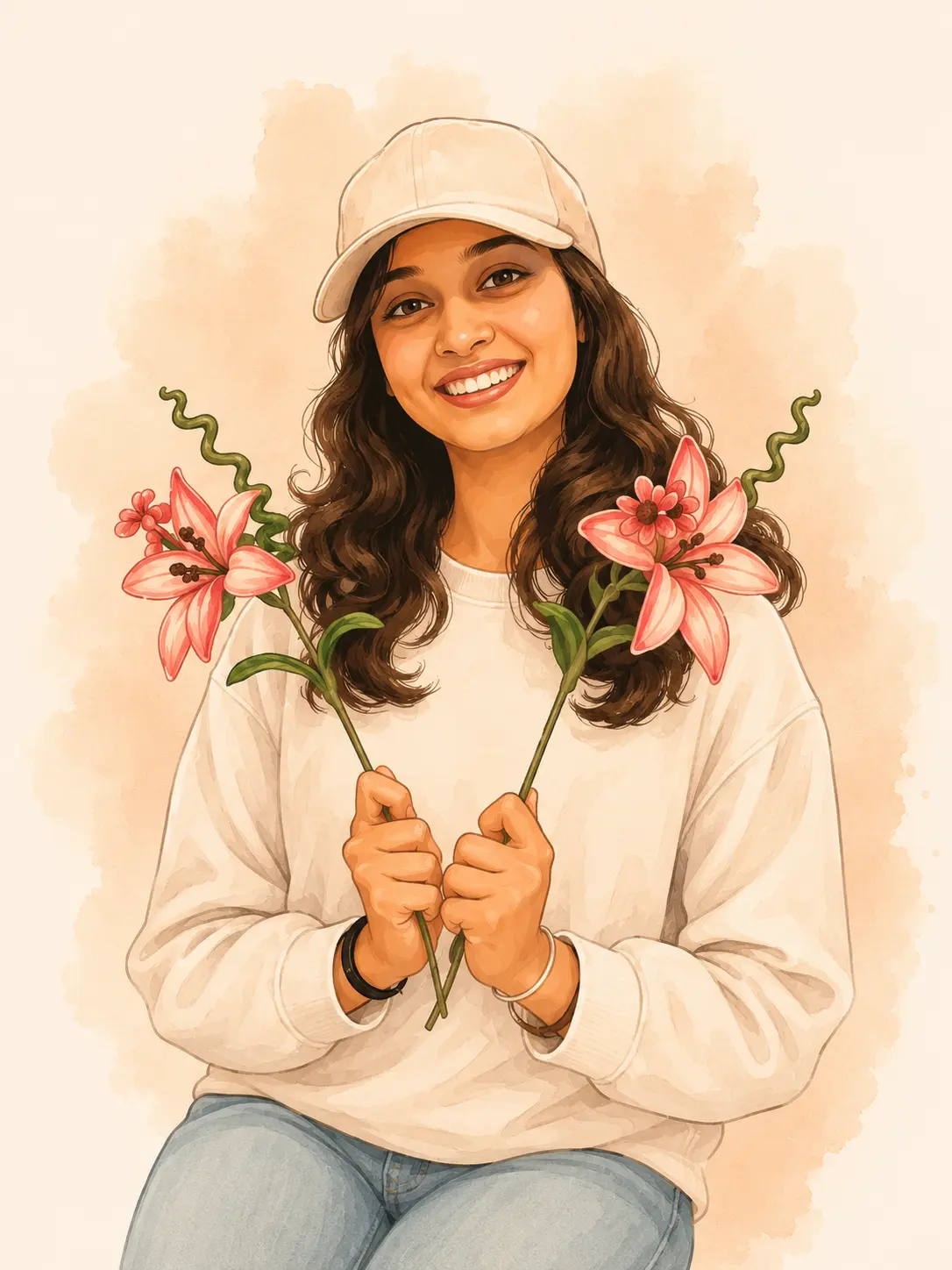 Illustrated portrait of Manvi holding two pink lilies
